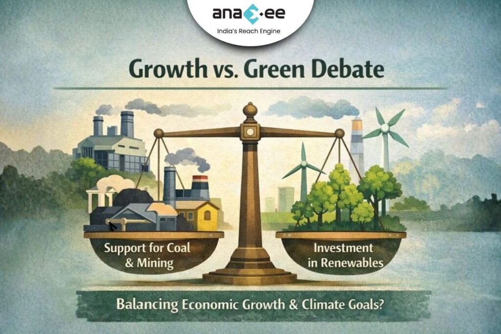 Illustration showing the trade-off between coal and mining support and renewable energy investment in India’s climate policy debate