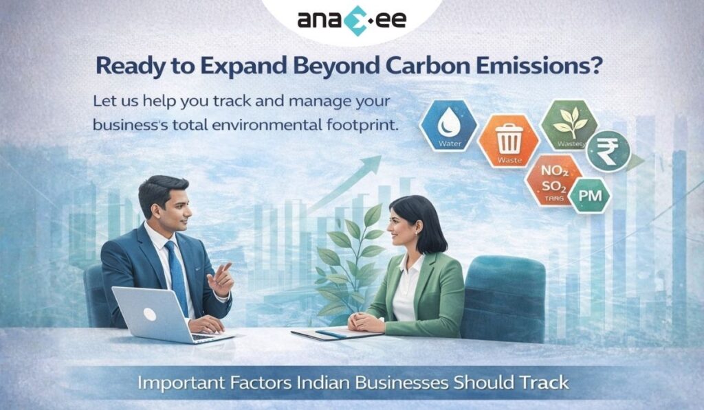 Call-to-action banner encouraging businesses to expand beyond carbon emissions and adopt environmental costing with Anaxee