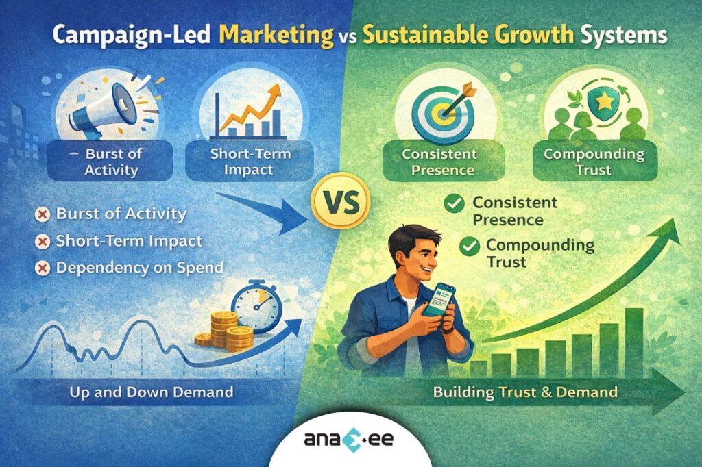 Infographic comparing short-term, spend-dependent marketing campaigns with long-term growth built through consistent presence and compounding trust.