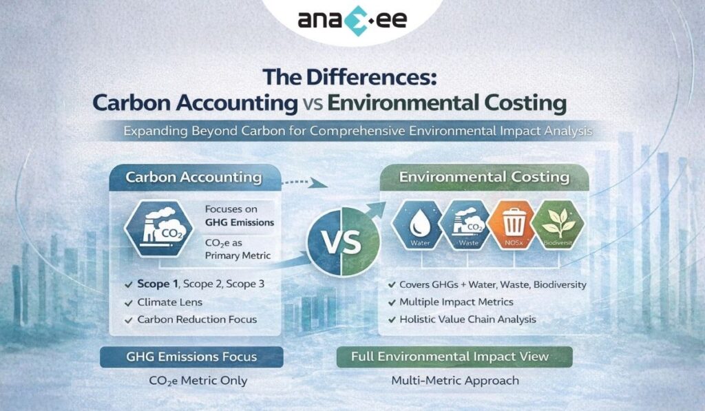 Featured blog banner comparing carbon accounting and environmental costing highlighting emissions, water, waste, and biodiversity considerations
