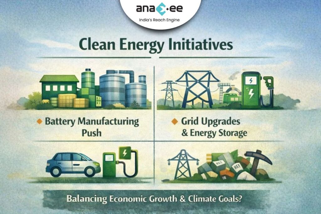 Clean energy initiatives in India’s Union Budget 2026–27 covering battery manufacturing, grid upgrades, EV infrastructure and critical minerals