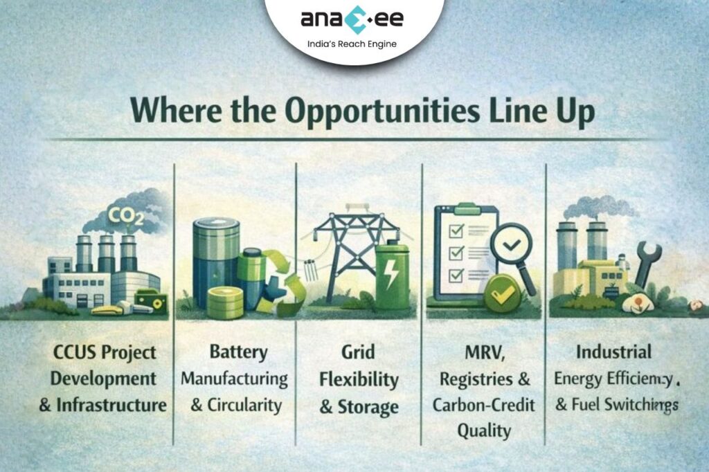 Key opportunities emerging from India’s Union Budget 2026–27 including CCUS projects, battery manufacturing, grid storage, MRV systems and industrial efficiency