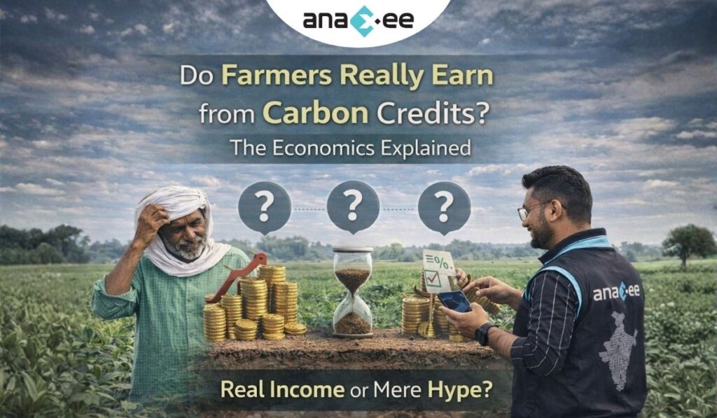 Farmer evaluating carbon credit income while Anaxee field executive uses digital MRV technology in an agricultural field