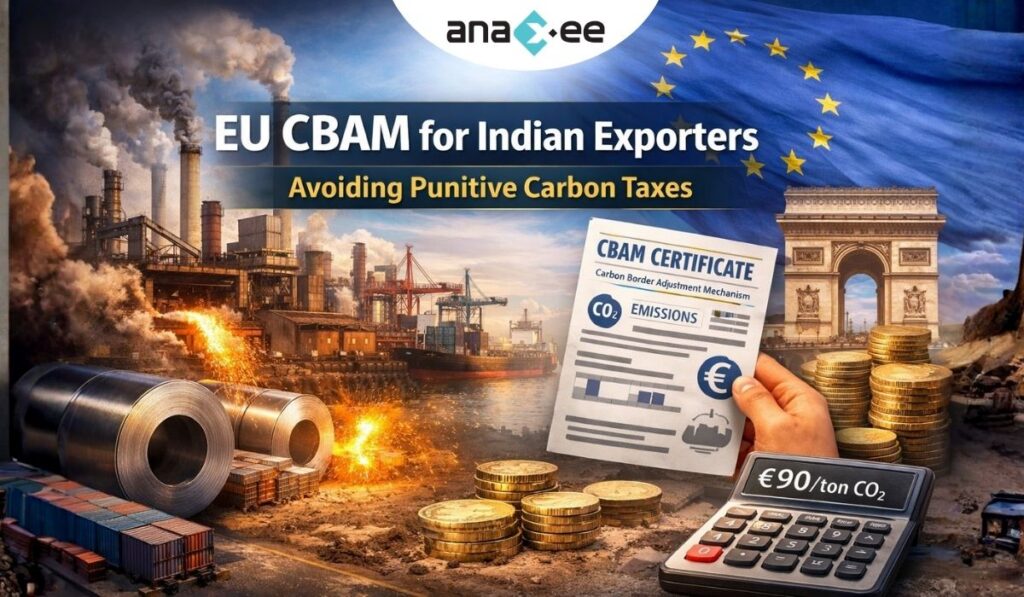 Illustration of EU CBAM impact on Indian exporters showing steel plant emissions, CBAM certificate, EU flag, euro coins, and carbon price calculator