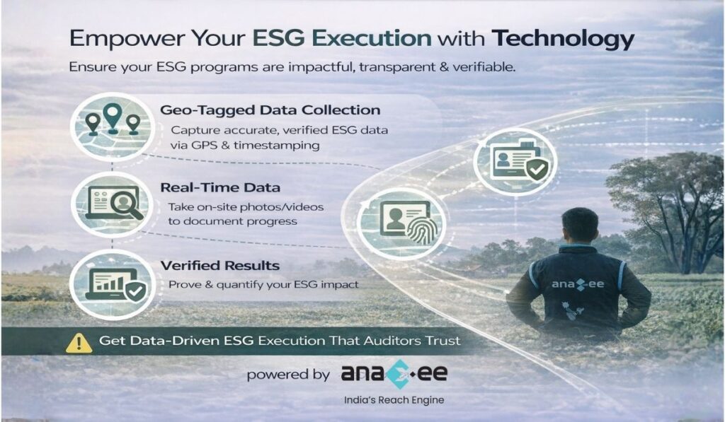 Call-to-action infographic encouraging organisations to adopt technology-led ESG execution with geo-tagged data, real-time monitoring, and verified results