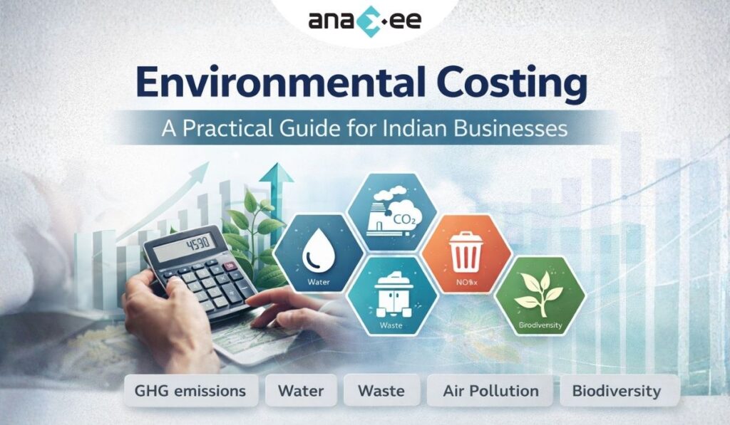 Featured banner image for blog on environmental costing showing calculator, sustainability icons, and metrics like GHG emissions, water, waste, air pollution, biodiversity