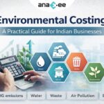 Featured banner image for blog on environmental costing showing calculator, sustainability icons, and metrics like GHG emissions, water, waste, air pollution, biodiversity