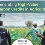 Anaxee field agents interacting with a farmer in a crop field while using drone and smartphone technology for carbon credit monitoring and verification