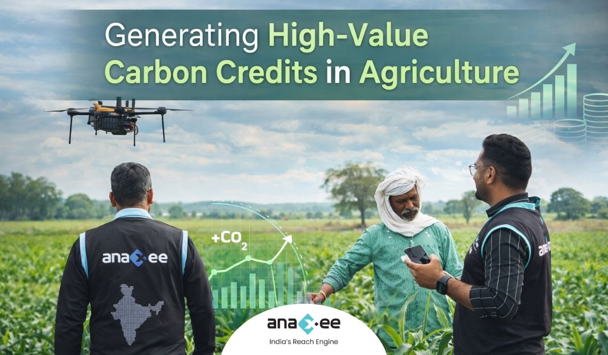 Anaxee field agents interacting with a farmer in a crop field while using drone and smartphone technology for carbon credit monitoring and verification