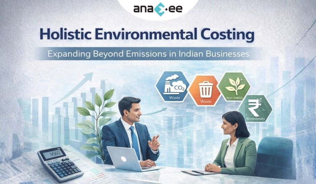 Featured blog banner illustrating Holistic Environmental Costing HEC concept showing corporate professionals, calculator, and sustainability metrics like emissions, waste, and biodiversity