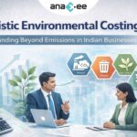 Featured blog banner illustrating Holistic Environmental Costing HEC concept showing corporate professionals, calculator, and sustainability metrics like emissions, waste, and biodiversity