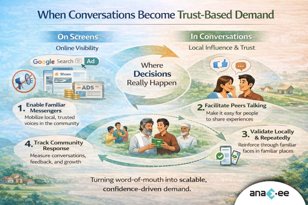 Trust based marketing framework showing how peer conversations, local validation, and community response create demand