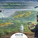 Field agent using tablet-based MRV technology with drone and satellite data to monitor carbon sequestration in agricultural land