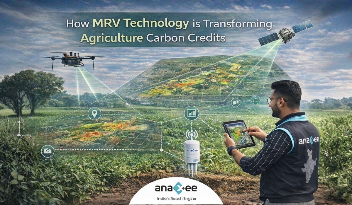 Field agent using tablet-based MRV technology with drone and satellite data to monitor carbon sequestration in agricultural land