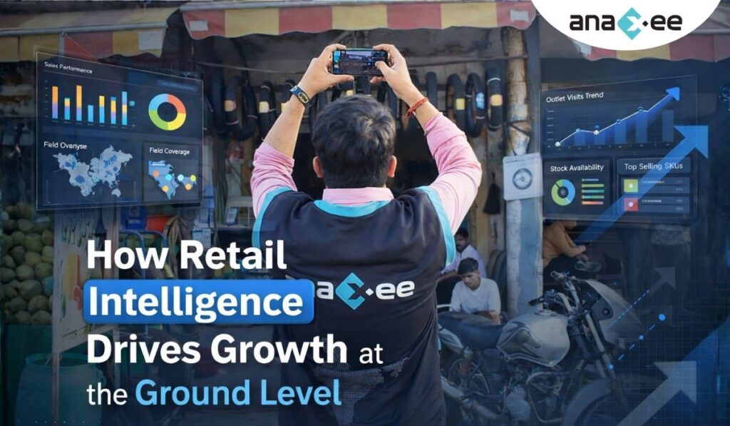 Anaxee Digital Runner capturing real-time retail data at a local tyre repair shop, with dashboard overlays showing retail intelligence metrics and outlet insights.