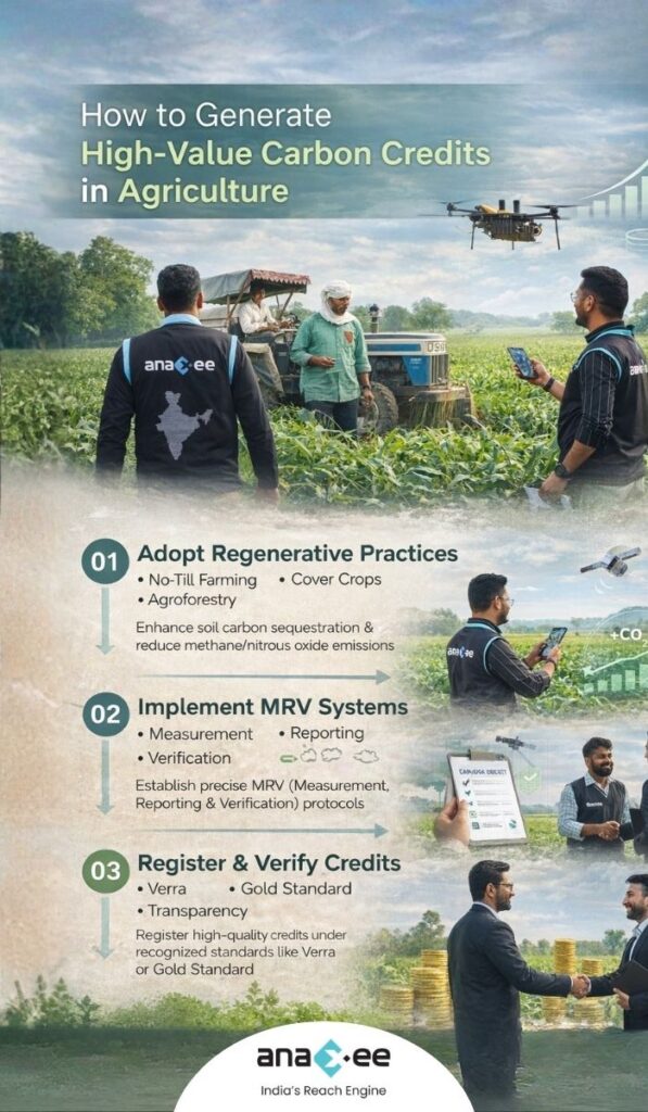 Infographic explaining steps to generate high-value carbon credits through regenerative agriculture practices, MRV implementation, and verification under carbon standards
