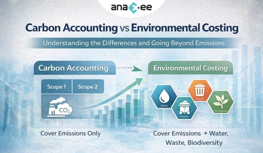 Side-by-side comparison infographic showing carbon accounting focused on GHG emissions versus environmental costing using multi-metric environmental impact analysis