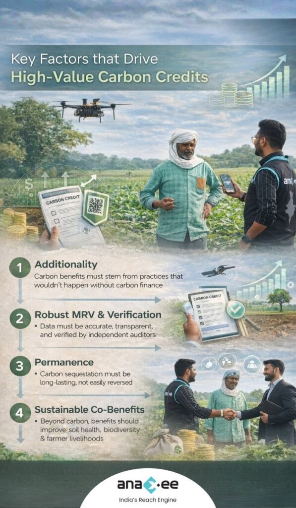 Infographic highlighting additionality, robust MRV, permanence, and sustainable co-benefits that determine premium carbon credit pricing