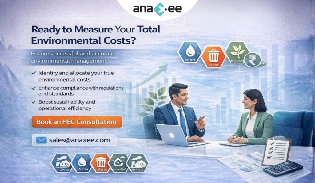 Call-to-action banner inviting Indian businesses to book an HEC consultation with Anaxee via sales@anaxee.com
 for environmental costing implementation support
