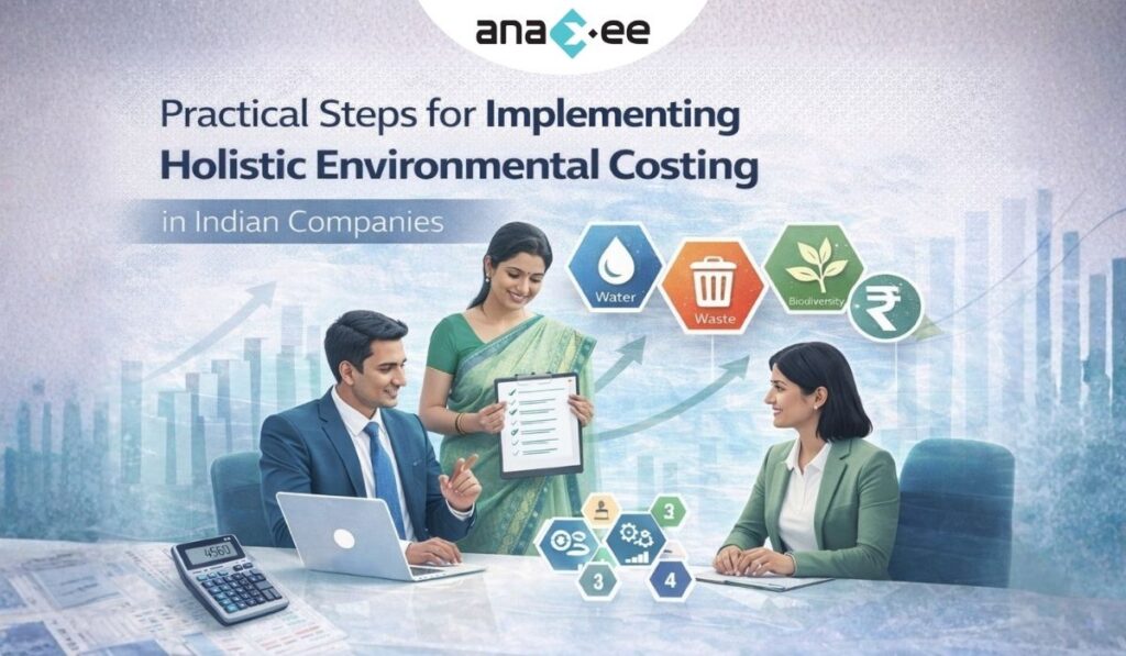 Featured blog banner showing professionals discussing Holistic Environmental Costing HEC with sustainability icons representing water, waste, biodiversity, and environmental cost metrics