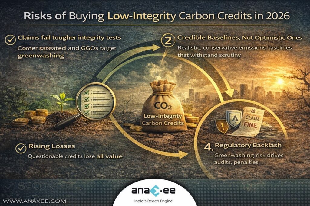 Diagram showing the risks of low-integrity carbon credits in 2026, including greenwashing scrutiny, financial losses, and regulatory backlash