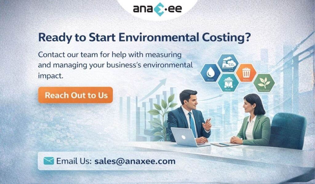 Call-to-action banner encouraging businesses to start environmental costing with Anaxee, showing corporate meeting visual and contact email sales@anaxee.com