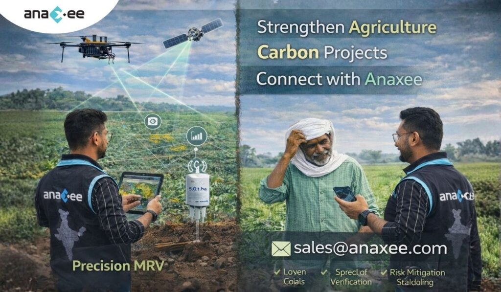 Agricultural MRV infographic showing field agent capturing carbon data and consulting farmer, highlighting lower costs, faster verification, and risk mitigation