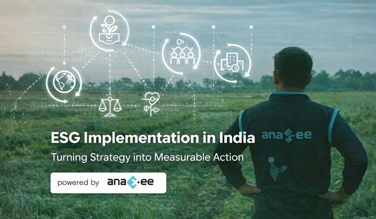 Infographic explaining the ESG implementation gap, showing challenges like last-mile visibility, poor data integrity, and weak monitoring that lead to inflated impact, greenwashing risks, and audit failures.