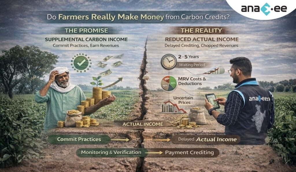 Comparison of expected supplemental carbon income versus delayed actual income showing MRV costs, waiting period, and price uncertainty