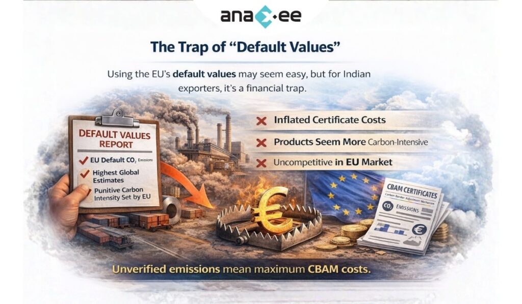 Infographic warning that using EU default emissions values leads to inflated CBAM certificate costs and reduced competitiveness in EU market