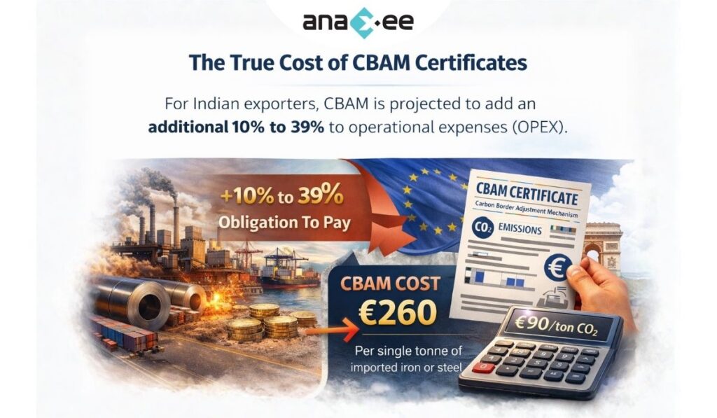 Infographic showing CBAM adding 10 to 39 percent to operational expenses and estimated €260 cost per tonne of imported iron or steel