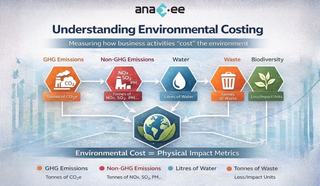 Infographic explaining environmental costing showing GHG emissions, non-GHG emissions, water usage, waste generation, and biodiversity impact as physical impact metrics