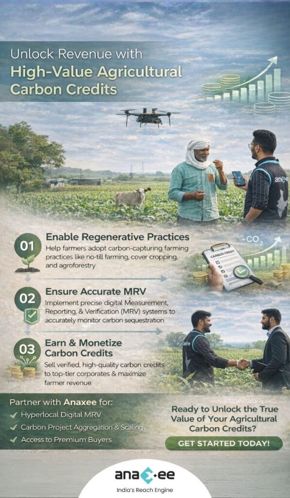 Call-to-action infographic showing Anaxee’s services including MRV implementation, credit aggregation, buyer access, and boosting farmer income