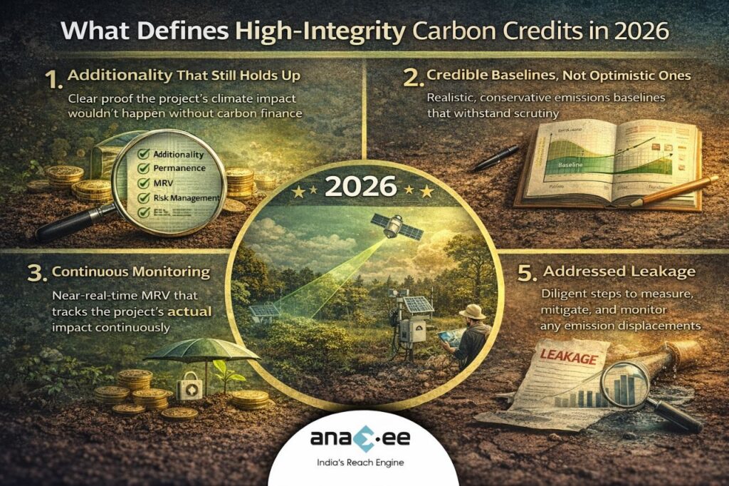 Infographic explaining what defines high-integrity carbon credits in 2026, including additionality, credible baselines, continuous monitoring, permanence, and leakage control