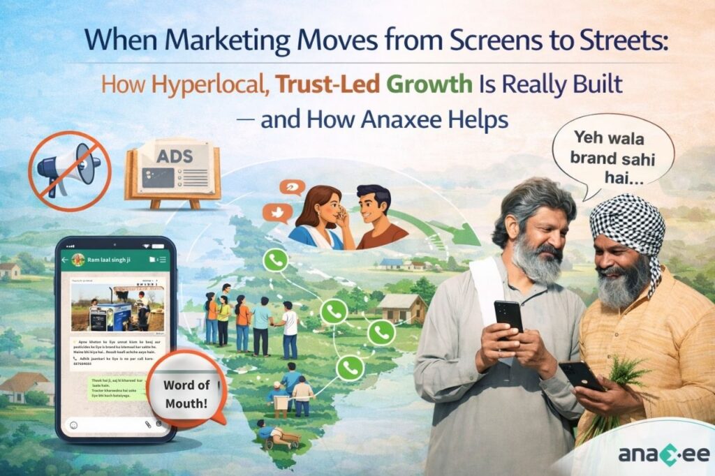 Hyperlocal marketing illustration showing farmers and local communities building brand trust through conversations instead of Google and Meta ads
