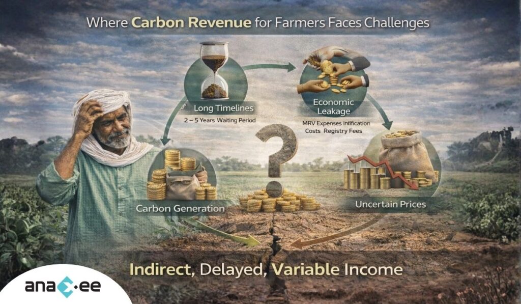 Infographic illustrating long timelines, economic leakage, carbon generation uncertainty, and fluctuating carbon credit prices for farmers