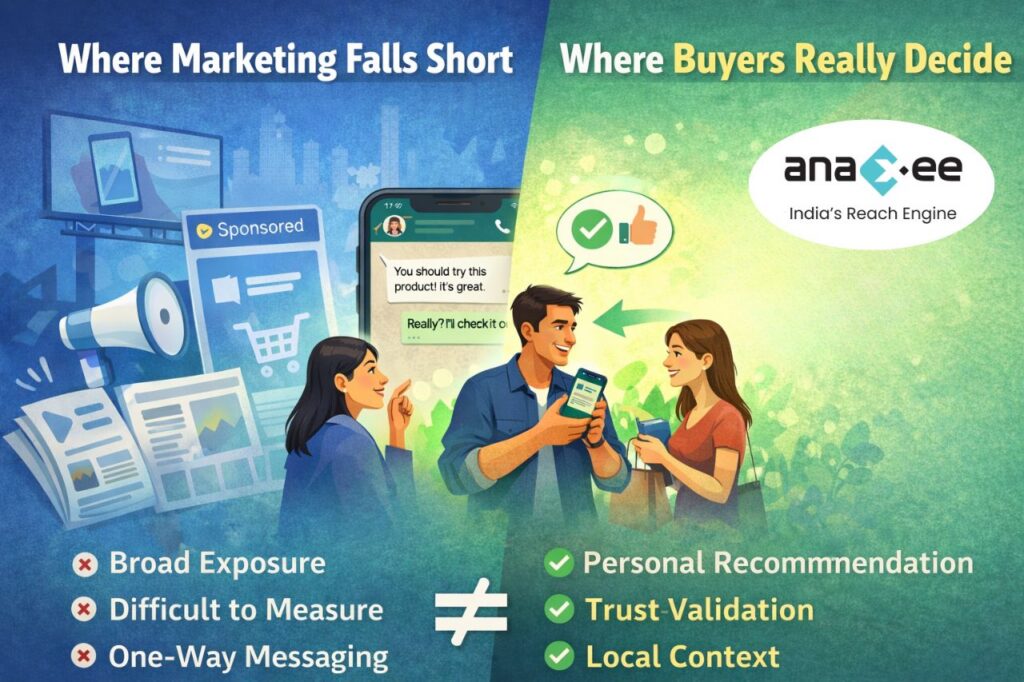 Illustration showing traditional advertising channels failing to influence buyers, contrasted with word-of-mouth recommendations shared through WhatsApp conversations.