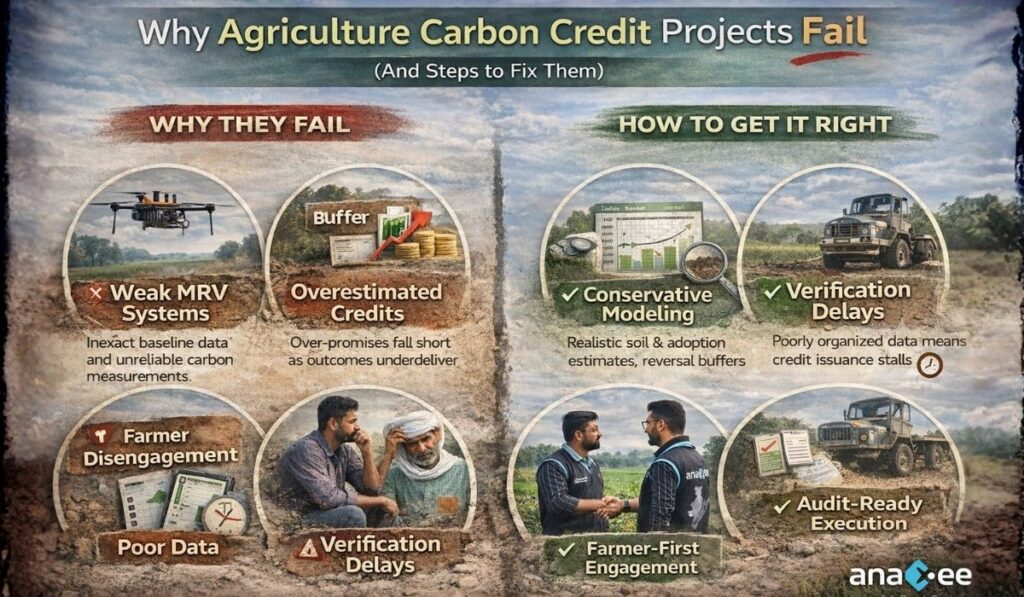 Comparison infographic highlighting failure drivers in agriculture carbon projects such as weak MRV, overestimated credits, and farmer disengagement, alongside solutions like conservative modeling, verification discipline, and audit-ready execution.