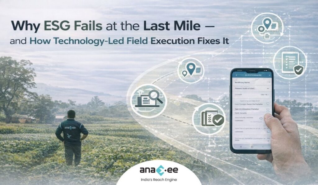 Featured graphic showing ESG last-mile challenges and technology-led field execution, with Anaxee field executive and mobile data collection interface