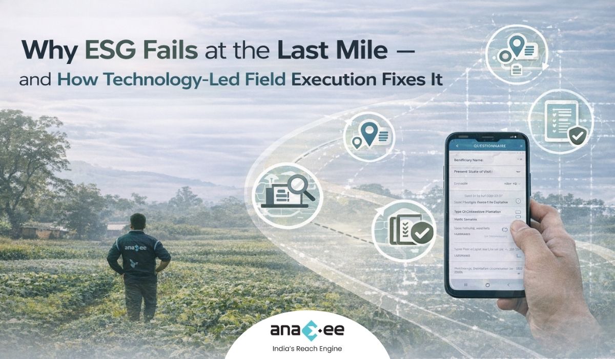 Featured graphic showing ESG last-mile challenges and technology-led field execution, with Anaxee field executive and mobile data collection interface