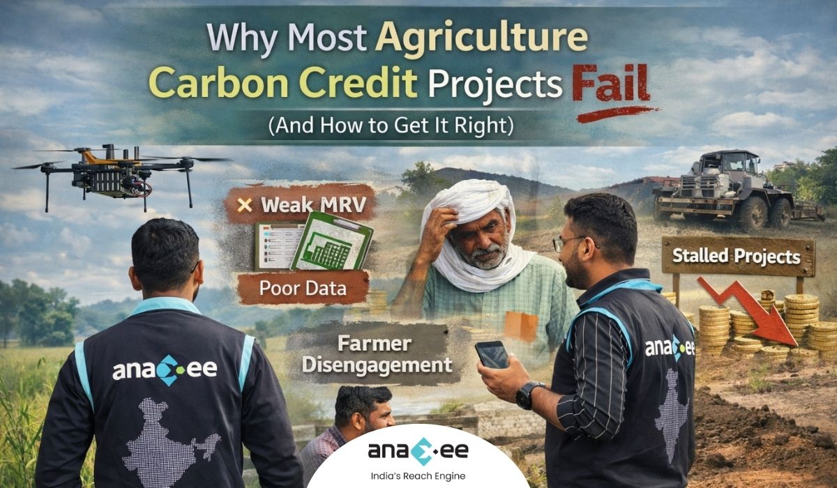 Anaxee field agents using digital tools while engaging with a farmer in an agricultural field, illustrating challenges in agriculture carbon credit projects.