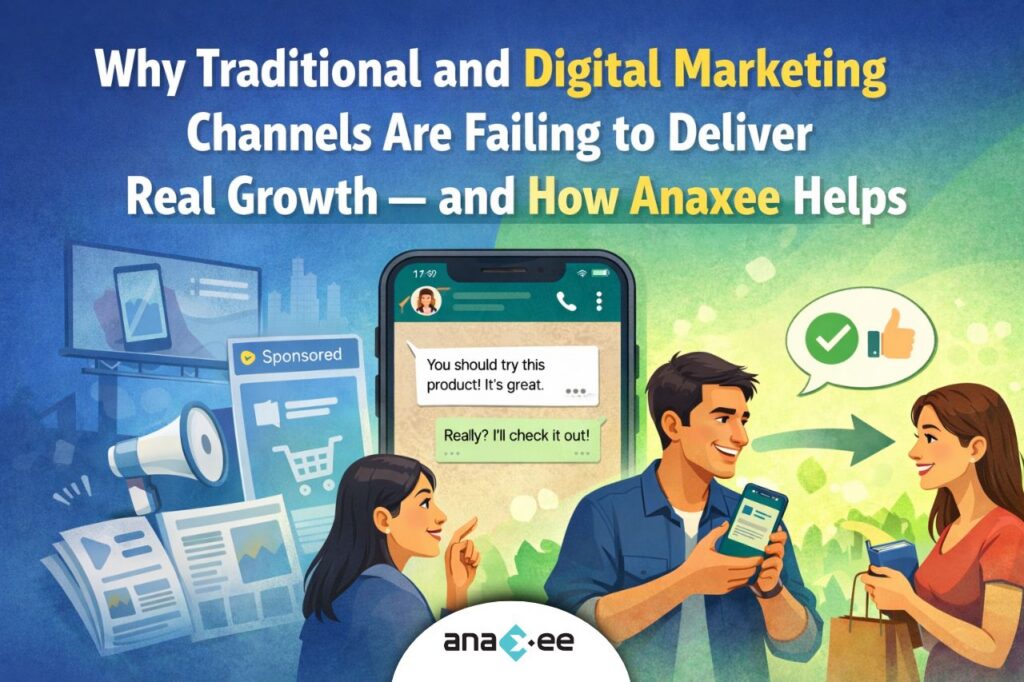 Illustration depicting the limitations of traditional and digital marketing compared to trust-driven buyer decisions influenced through peer recommendations.