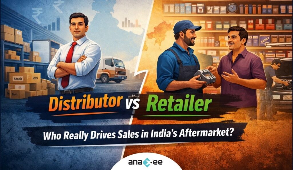 Infographic showing the retail journey in India’s aftermarket from brand to distributor, retailer, influencer, and customer, explaining how sales decisions move across the channel.