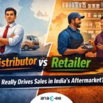 Infographic showing the retail journey in India’s aftermarket from brand to distributor, retailer, influencer, and customer, explaining how sales decisions move across the channel.