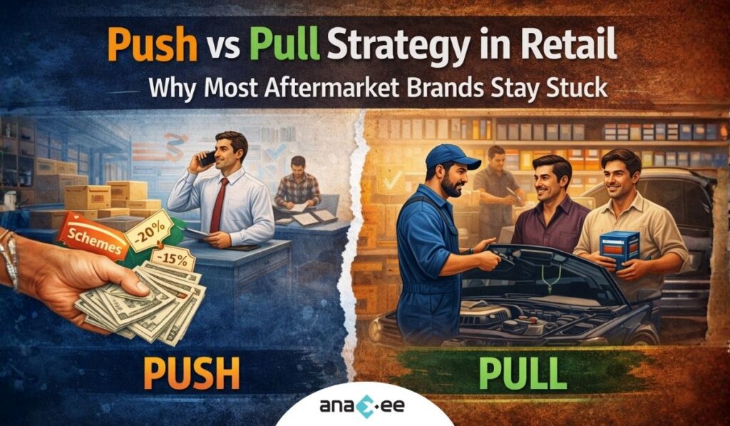 Illustration comparing push and pull strategies in retail, showing discount-driven stock movement on one side and mechanic-led customer demand on the other in India’s aftermarket.