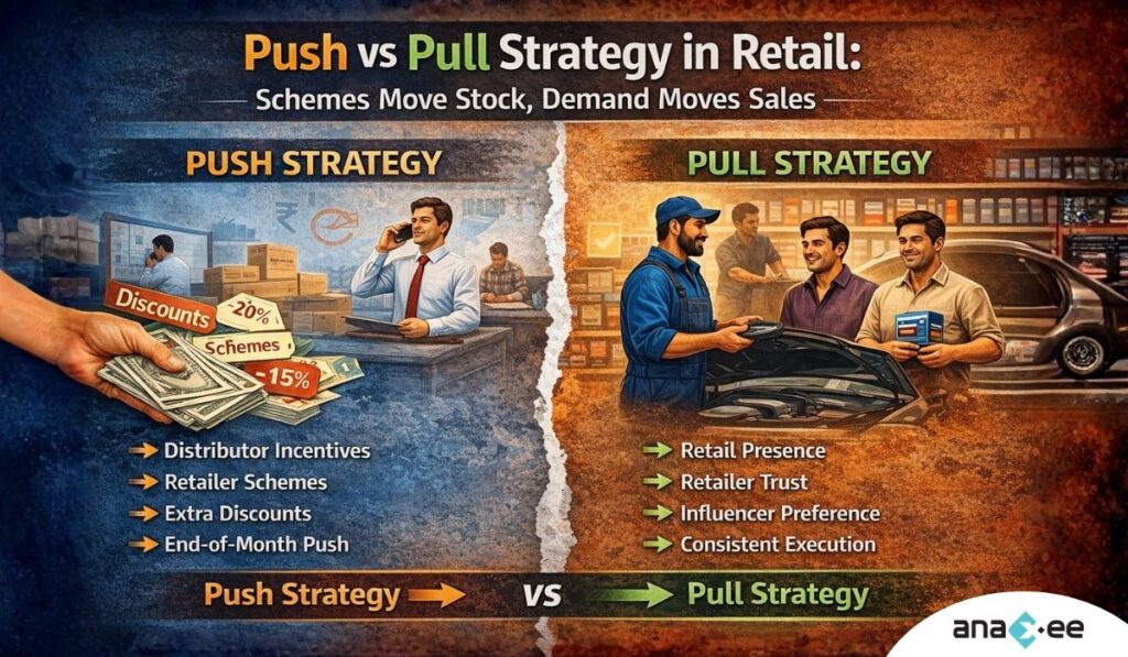 Infographic explaining push strategy using distributor incentives and discounts versus pull strategy driven by retail presence, influencer trust, and consistent execution in aftermarket sales.