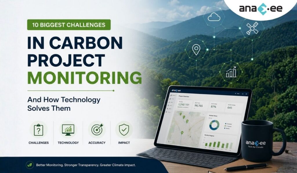 Infographic showing the biggest carbon project monitoring challenges including fake field data, delayed reporting, weak QA/QC, and how digital MRV technologies solve them.