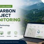 Infographic showing the biggest carbon project monitoring challenges including fake field data, delayed reporting, weak QA/QC, and how digital MRV technologies solve them.