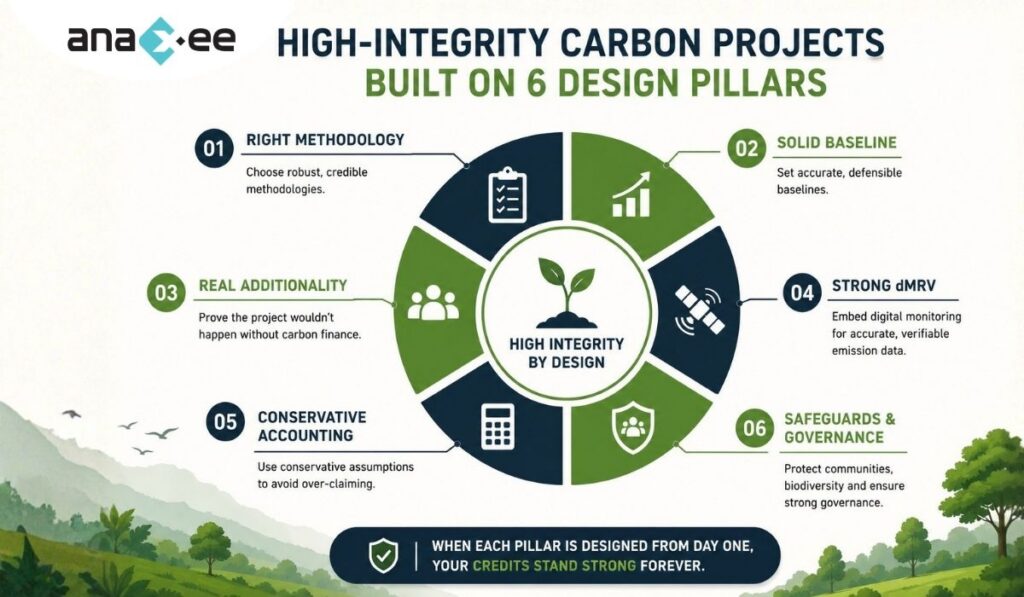 Infographic showing six pillars of high-integrity carbon projects including methodology, baseline, additionality, dMRV, safeguards, and conservative accounting.