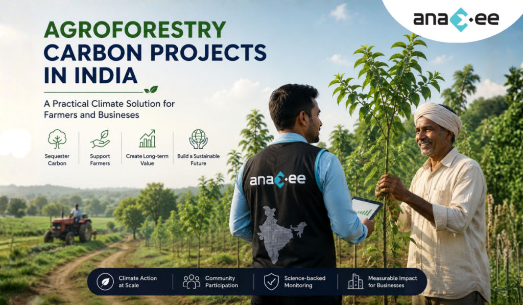 Professional featured graphic showing an Anaxee Digital Runner interacting with an Indian farmer in an agroforestry plantation project, highlighting carbon sequestration, farmer support, climate action, and sustainable rural development in India.